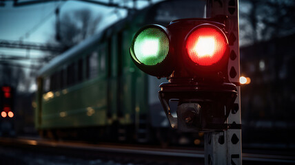 Close-up of a train signal light with an approaching train in the background - obrazy, fototapety, plakaty