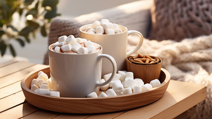 Fototapeta na wymiar Hot Chocolate with Marshmallows on a Table in a Cozy Outdoor Corner