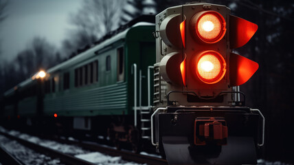 Close-up of a train signal light with an approaching train in the background - obrazy, fototapety, plakaty