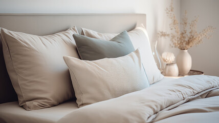 Plush pillows and crisp linen showcased in a close-up shot of a king-size hotel bed