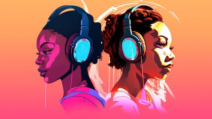 Retro Illustration of two African American Women with headphones