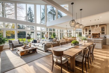Beautiful living room interior in new luxury home with open concept floor plan. Shows kitchen, dining room, and wall of windows with amazing exterior