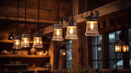 Fototapeta na wymiar Rustic Chandeliers Illuminating a Cozy Dining Space