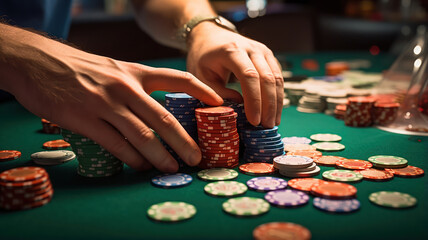 Hands skillfully shuffling poker chips at a tournament table