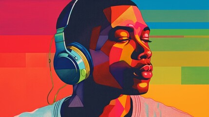 modern illustration african american male with headphones rainbow background