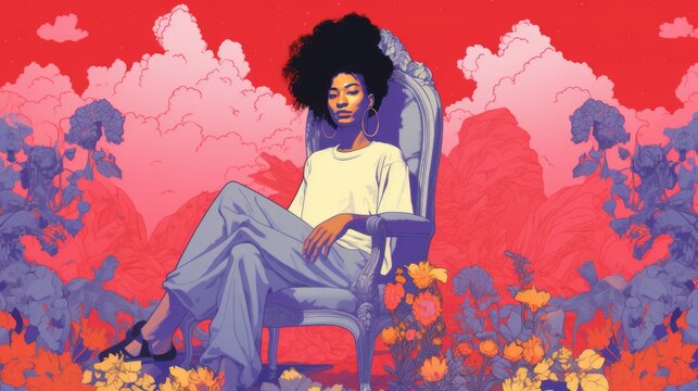Retro Illustration of African American Female sitting on a throne