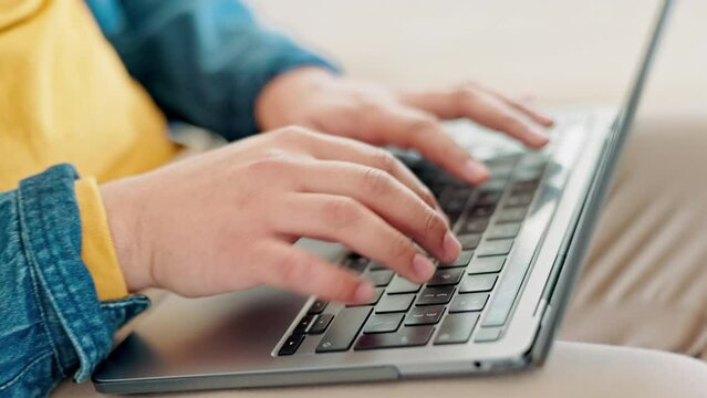 Student, hands typing and laptop for online education, university research and information or registration. Internet user on computer keyboard for scholarship application, essay or college website