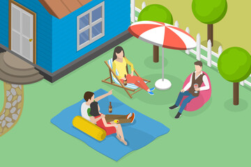 3D Isometric Flat Vector Conceptual Illustration of Backyard Party, Summer Picnic and Outdoors Recreation