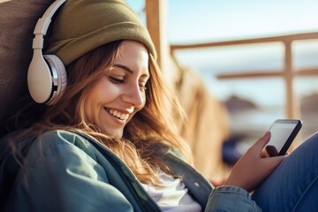 smiling woman enjoying music with headphones and smart phone