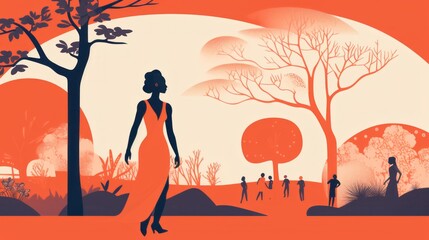 Retro Illustration of African American Female in an Orange Dress outdoors