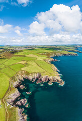 Panorama of  Cliffs and Fields over Porthclais from a drone, St Davids, Haverfordwest, Wales, England