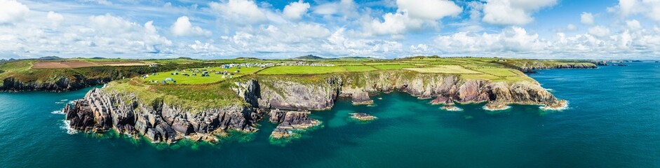 Panorama of Cliffs and Fields over Porthclais from a drone, St Davids, Haverfordwest, Wales, England - obrazy, fototapety, plakaty