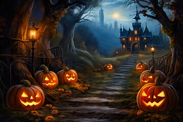 Halloween illustration of spooky pumpkins lighting the way along a creepy path to a haunted old house jack o lanterns in the forest desktop pc wallpaper - obrazy, fototapety, plakaty