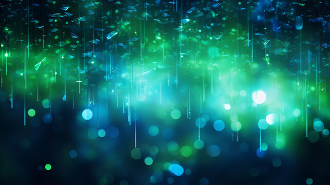 Abstract background of shards of  broken glass falling across a nice blue and green backlight bokah spotlights PC tablet computer wallpaper