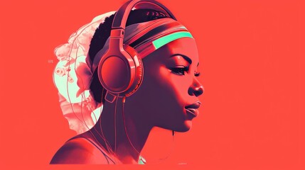 Retro Illustration of African American Female listening headphones with pink background