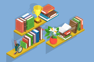 3D Isometric Flat Vector Set of Bookshelves , Stacks Books