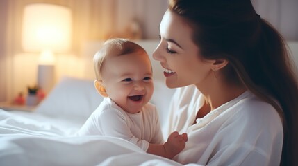 relaxed smile and a mother with her baby for playful love