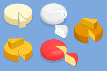 3D Isometric Flat Vector Set of Cheese Set, Organic Fresh Food