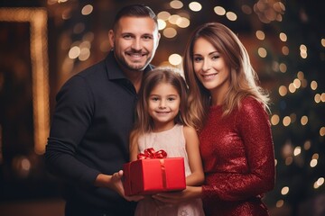 happy family in christmas outfit holding gifts