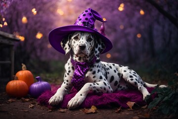 Cute Dalmatian dog wearing festive halloween violet witch hat in park outside in autumn season