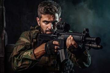 Fototapeta premium man in camouflage military uniform holding a machine gun