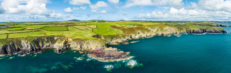 Panorama of St. Non’s Cliffs and Bay from a drone, St Davids, Haverfordwest, Wales, England