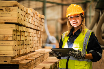 woman worker carpenter wearing safety uniform and hard hat working and checking the quality of...