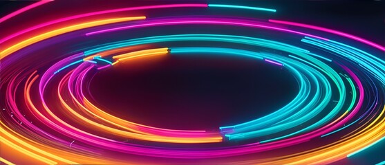 Colorful circular neon lights depicting movement motion and speed in plain black background from Generative AI
