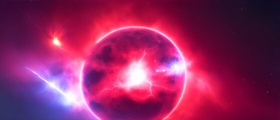 Obraz premium Red circular electric thunder sparks in space cosmos background from Generative AI