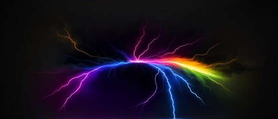 Rainbow colored circular electric thunder sparks in plain black background from Generative AI
