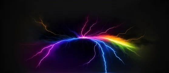 Foto op Plexiglas Rainbow colored circular electric thunder sparks in plain black background from Generative AI © Arceli