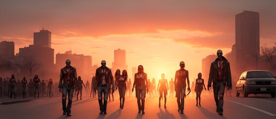 Group of zombie walking on the city at sunset from Generative AI
