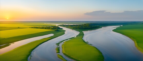  Aerial view of a river delta with lush green fields and curvy waterways at sunset from Generative AI