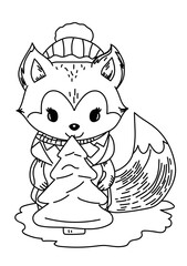 Coloring page with fox and Christmas tree