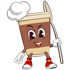 Cute happy coffee paper cup mascot serious chef carrying spoon. Isolated vector flat cartoon character illustration icon design. Coffee to go, take away concept