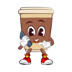 Cute happy coffee paper cup mascot calling with mobile phone. Isolated vector flat cartoon character illustration icon design. Coffee to go, take away concept
