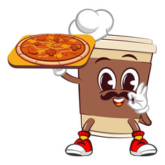 Cute happy coffee paper cup mascot of pizza chef serving delicious pizza. Isolated vector flat cartoon character illustration icon design. Coffee to go, take away concept