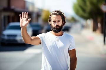 man with a beard and a white t-shirt is raising his hand in a stop sign