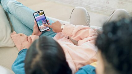 Couple hands, sofa and phone for holiday planning, vacation information and news, blog or contact us on screen. People scroll on mobile app for travel agency FAQ, reading website and choice at home