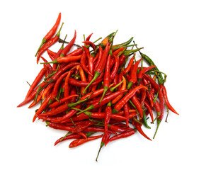 Fototapeta premium Stack red chili peppers and basil herb leaves on the white