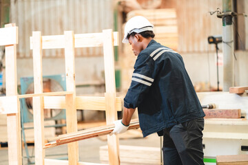 African American man carpenter working in wood business workshop. black people technician craftman, Timber industry tool factory, woodwork for construction or wooden furniture job