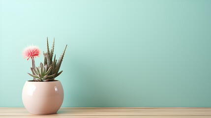 Vase with cactus plants on a wooden table with pastel colored walls
