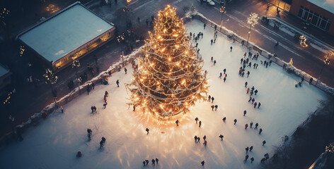 Christmas tree decoration and ice skating rink with people. Created with ai generative technology