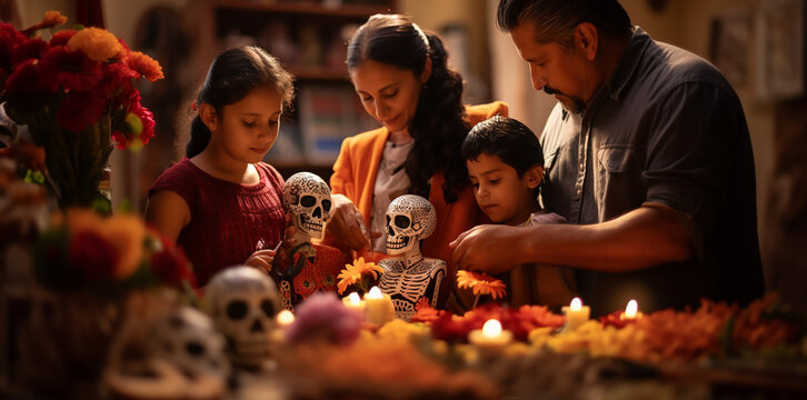 Family preparing the Day of the Death in Mexico. Created with ai generative technology