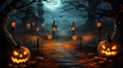 Halloween magic pumpkins at night