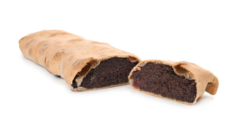 Delicious strudel with poppy seeds and cherries isolated on white