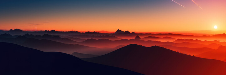 Fototapeta na wymiar Mountain silhouettes under a foggy sunrise, Generative AI