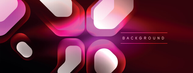 Neon lines, squares and round shapes abstract background. Techno glowing neon hexagon shapes vector illustration for wallpaper, banner, background, landing page, wall art, invitation, prints, posters