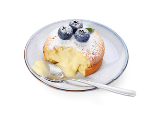 Tasty vanilla fondant with white chocolate and blueberries isolated on white