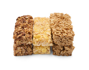 Different tasty granola bars isolated on white